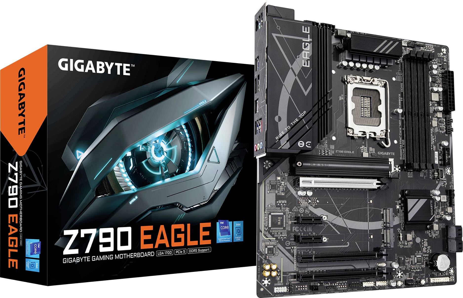 Základná doska GIGABYTE Z790 EAGLE pre hernú zostavu vedľa jej originálneho obalu. Základná doska s rôznymi integrovanými konektormi a slotmi.