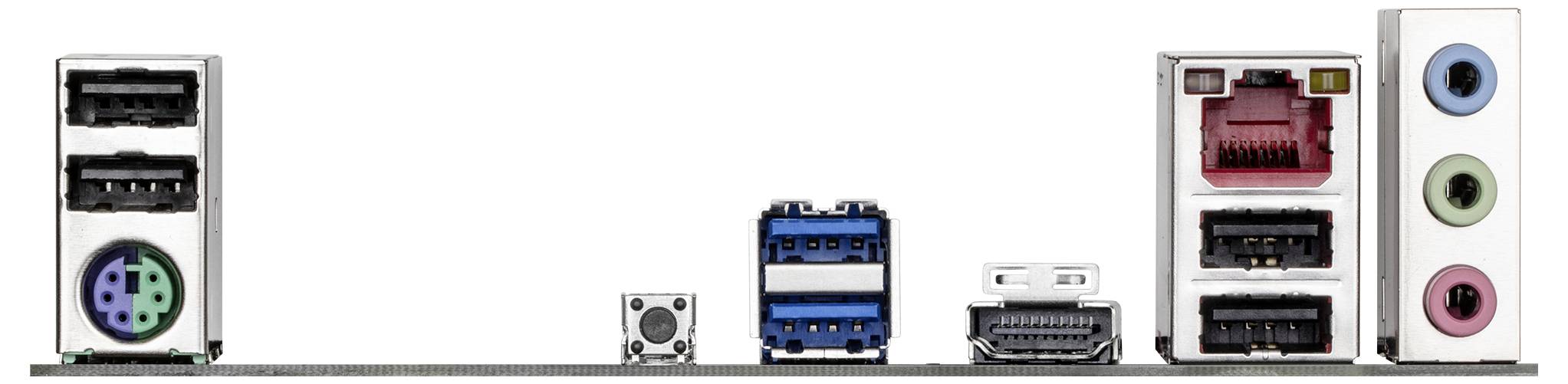 Zadná strana základnej dosky počítača s rôznymi konektormi: USB, PS/2, HDMI, Ethernet, audio konektory.