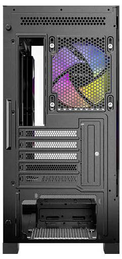 Čierna PC skrinka pohľadená zozadu, s otvoreným bočným krytom, odhaľuje farebné RGB ventilátory a niekoľko slotov pre rozširovacie karty.