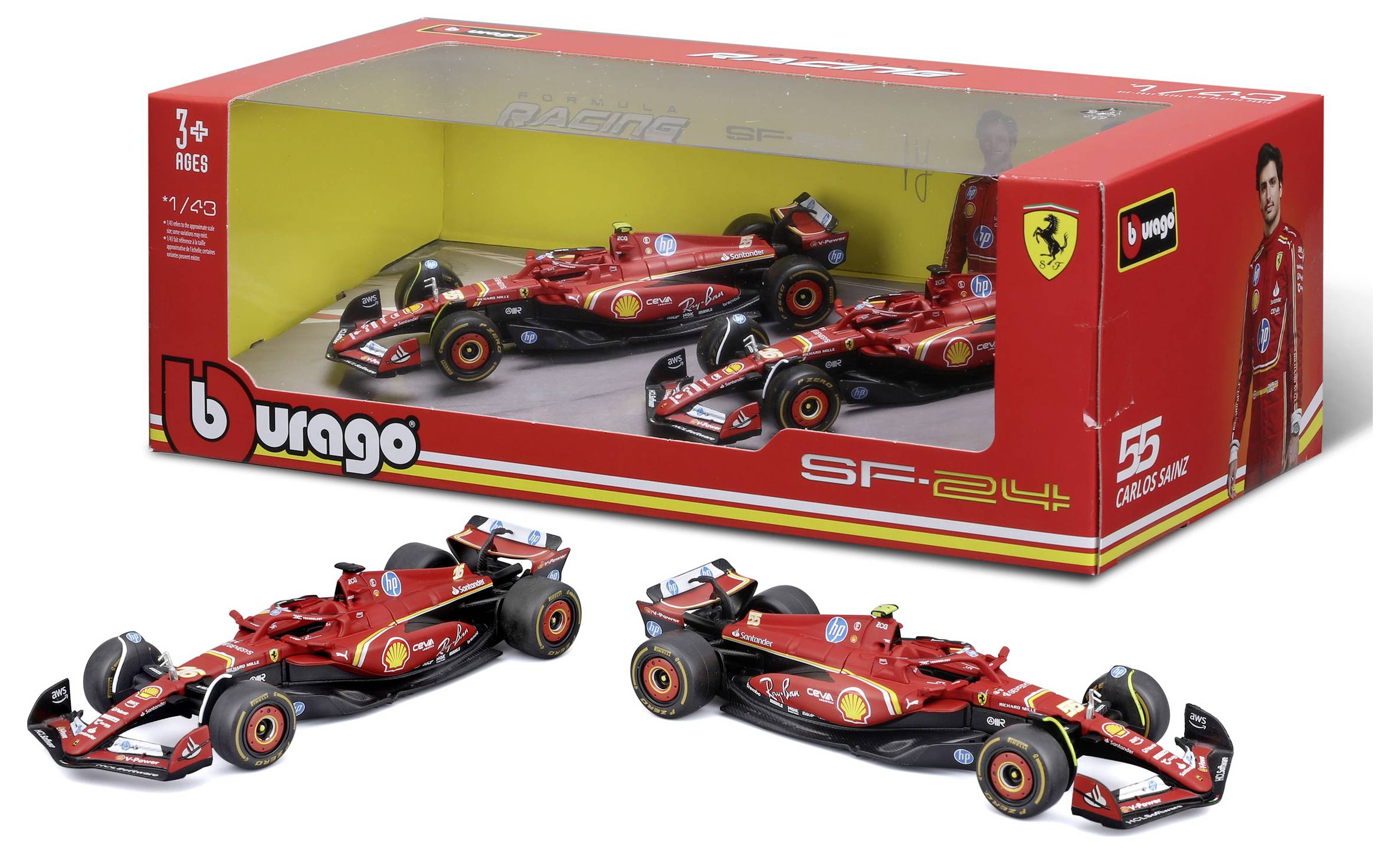 Sada modelov áut Bburago pozostávajúca z troch červených modelov vozidiel Formula 1 v mierke, označená ako 'SF-24'. Súčasťou je značkové balenie s logami Ferrari.