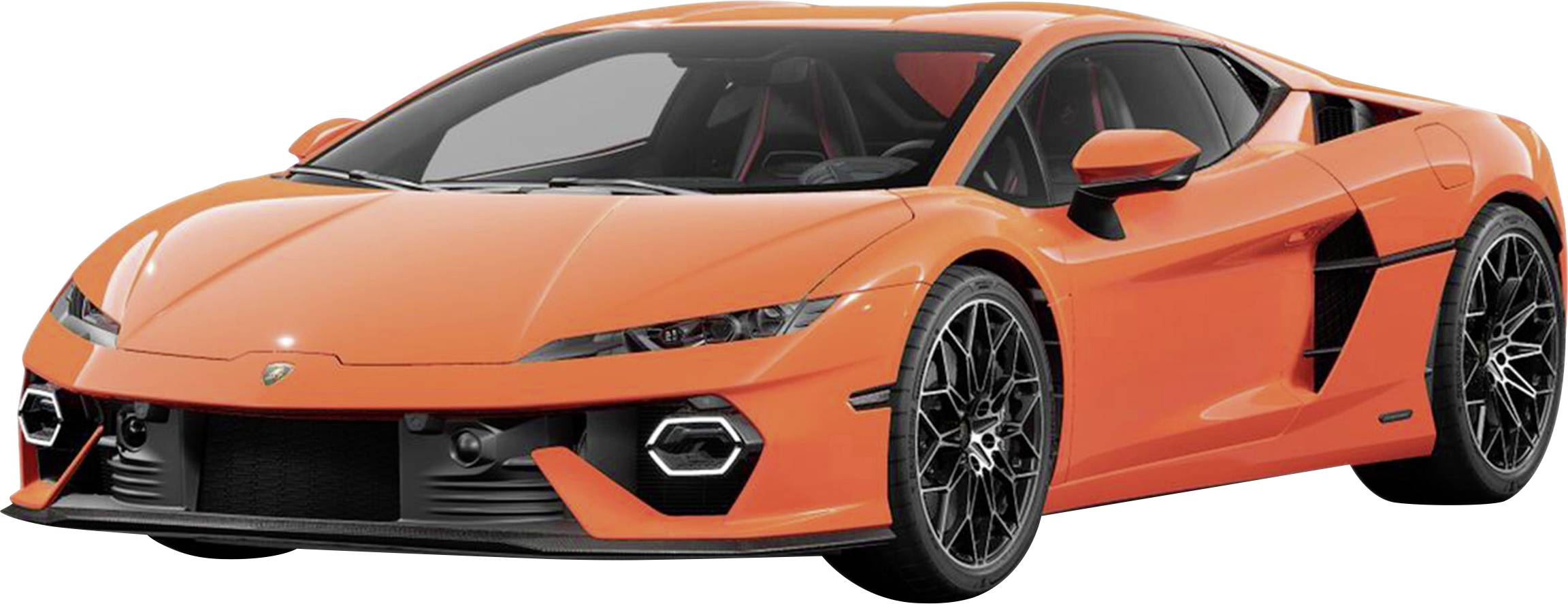 Oranžový športový automobil s aerodynamickým dizajnom a čiernymi detailmi, zaparkovaný na neutrálnom pozadí.