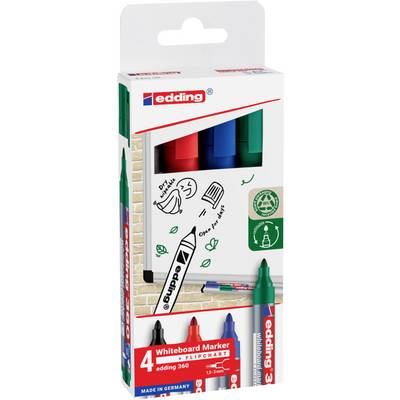 Balenie štyroch whiteboard fixiek značky Edding v červenej, modrej, zelenej a čiernej farbe. Vhodné na použitie na whiteboard a flipchart.