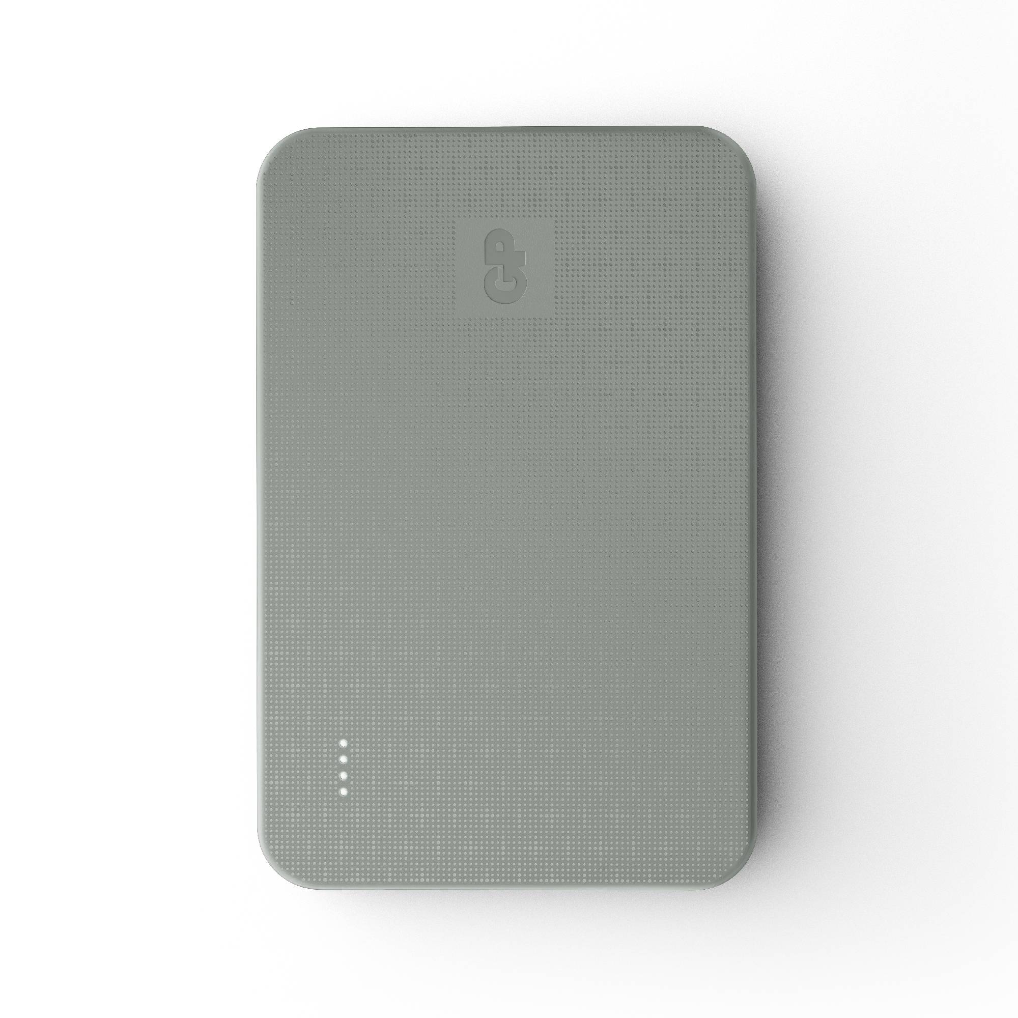 Externý, sivý a vzorovaný externý disk so štyrmi LED indikátormi v ľavom dolnom rohu; symbolizuje úložnú kapacitu a šifrovanie údajov.