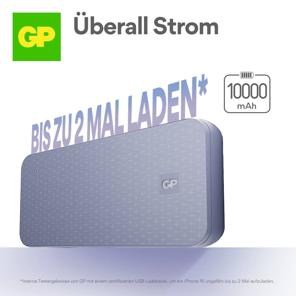 „Nabíjanie všade: Až 2-krát nabite* s powerbankou GP s kapacitou 10.000 mAh. Ideálne pre smartfóny."