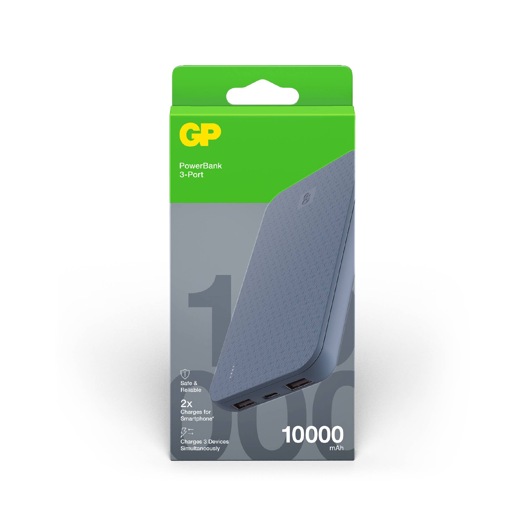 Obal powerbabanky GP s kapacitou 10.000 mAh. Zobrazuje obrázok produktu a je navrhnutý na súčasné nabíjanie 3 zariadení.