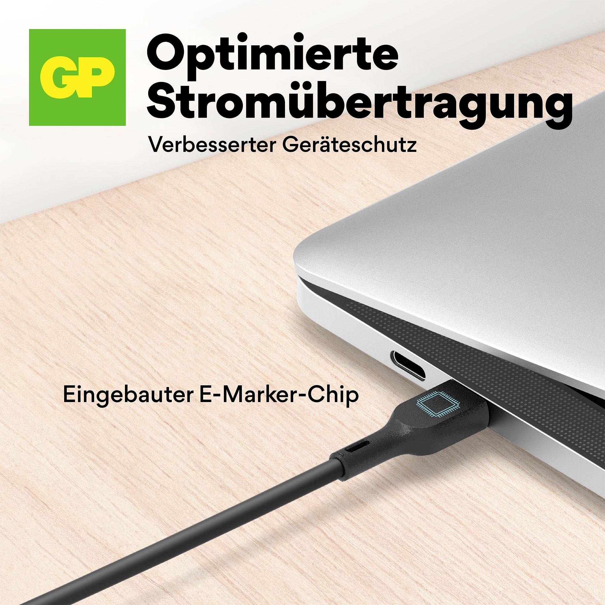 Optimalizovaný prenos elektrickej energie<br><br>Kábel je pripojený k laptopovi s poznámkou "Vstavaný E-marker čip".