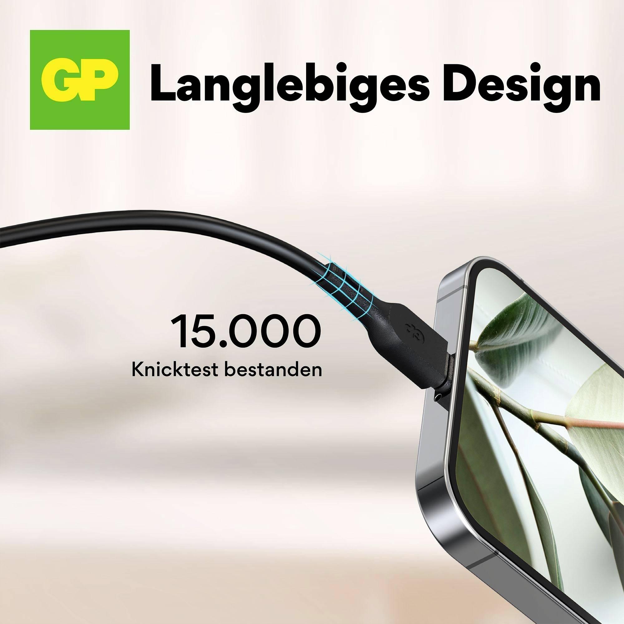 Kábel vydrží 15 000 ohybov; propagovaný ako dizajn s dlhou životnosťou. Detailný záber smartfónu s káblom v minimalistickom prostredí.