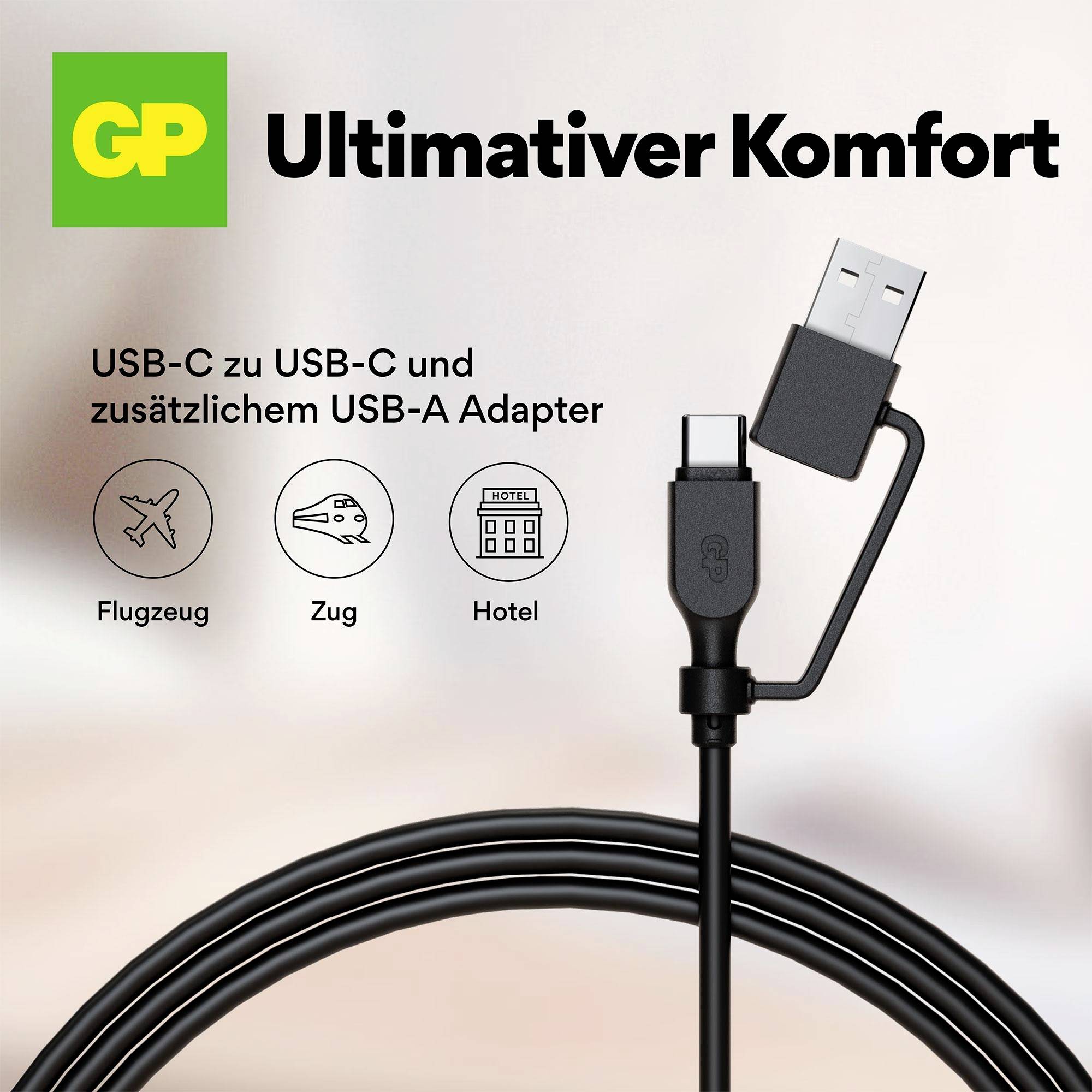 'GP Ultimativer Komfort' USB-C na USB-C kábel s dodatočným USB-A adaptérom, vhodný do lietadla, vlaku, hotela.