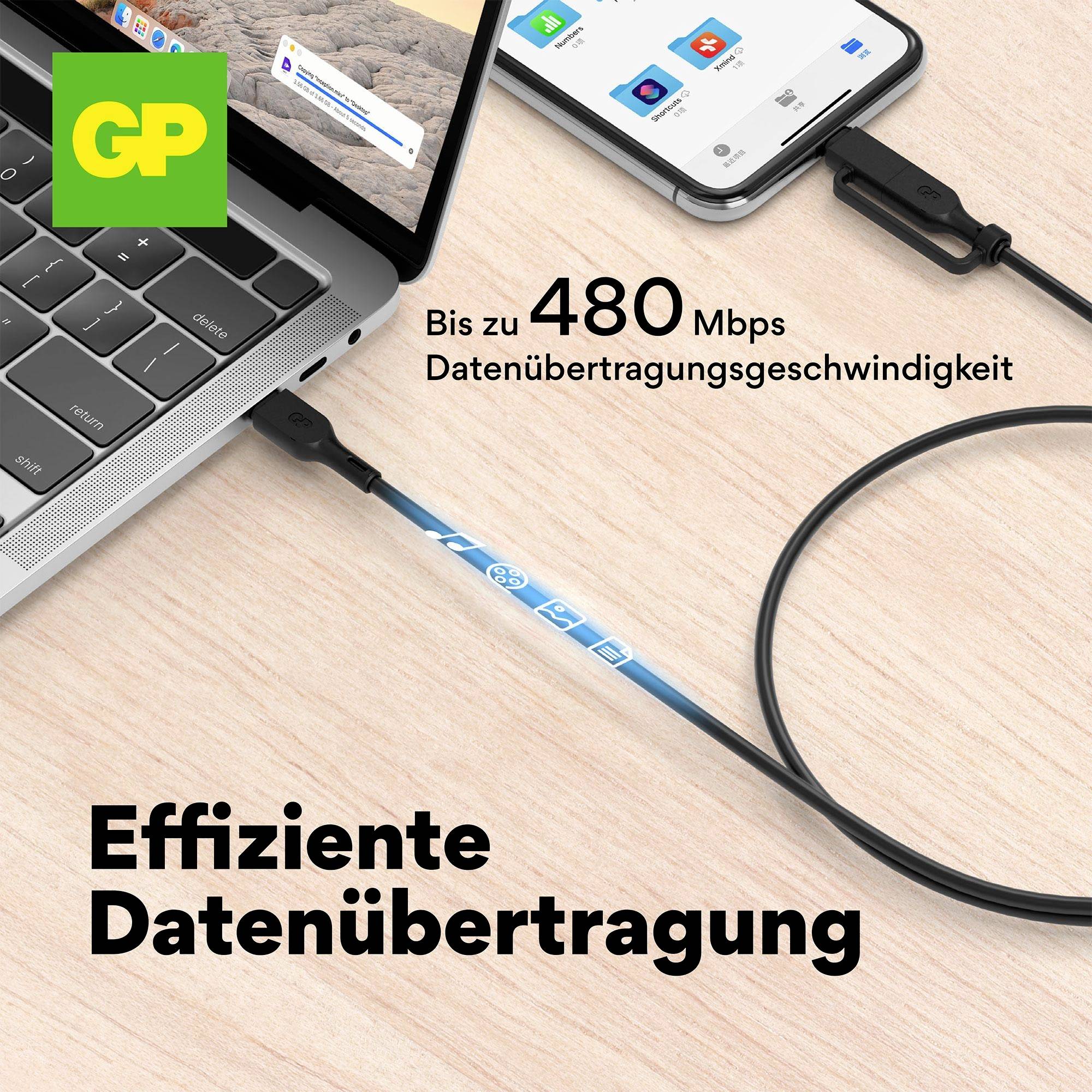 Smartfón je pripojený k notebooku prostredníctvom kábla. Text: 'Až 480 Mbps rýchlosť prenosu dát'. Hore vľavo zelené logo s 'GP'.
