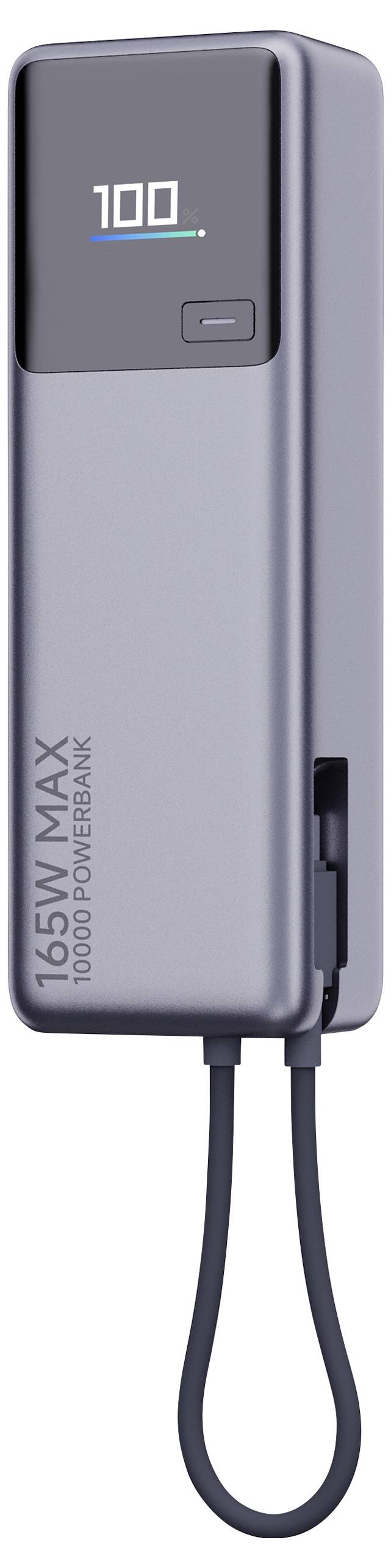 Strieborná powerbanka s digitálnym displejom zobrazujúcim '100'. Nápis '165W MAX 10000 Powerbank'. Kábel pripojený v spodnej časti.