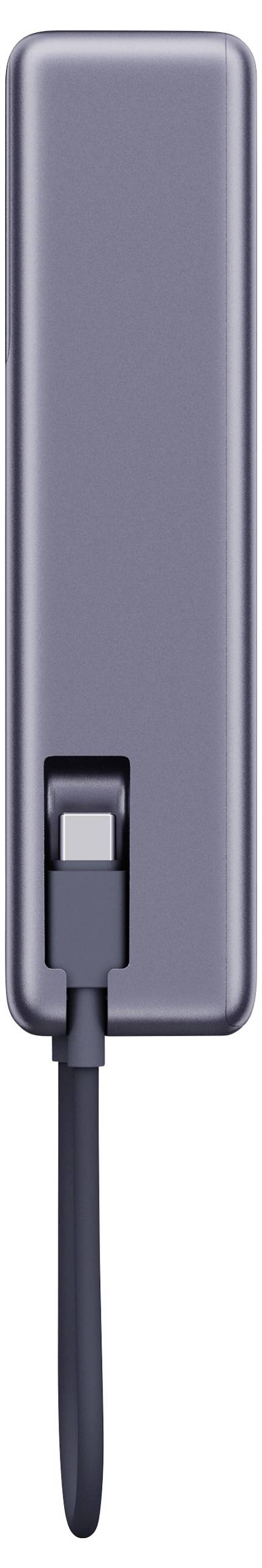 Sivý napájací zdroj s integrovaným káblom, ktorý môže byť pripojený k elektronickému zariadeniu.