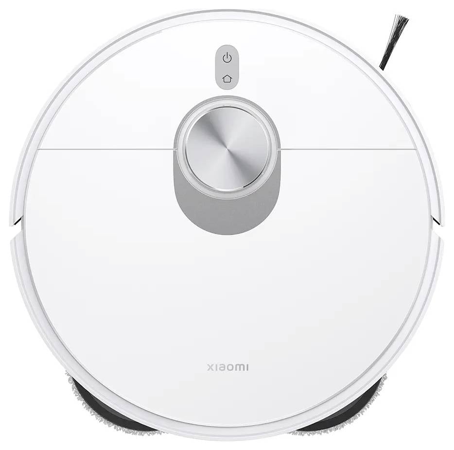 Biely, guľatý robotický vysávač od Xiaomi s centrálnym tlačidlom a bočnou kefkou, pohľad zhora.