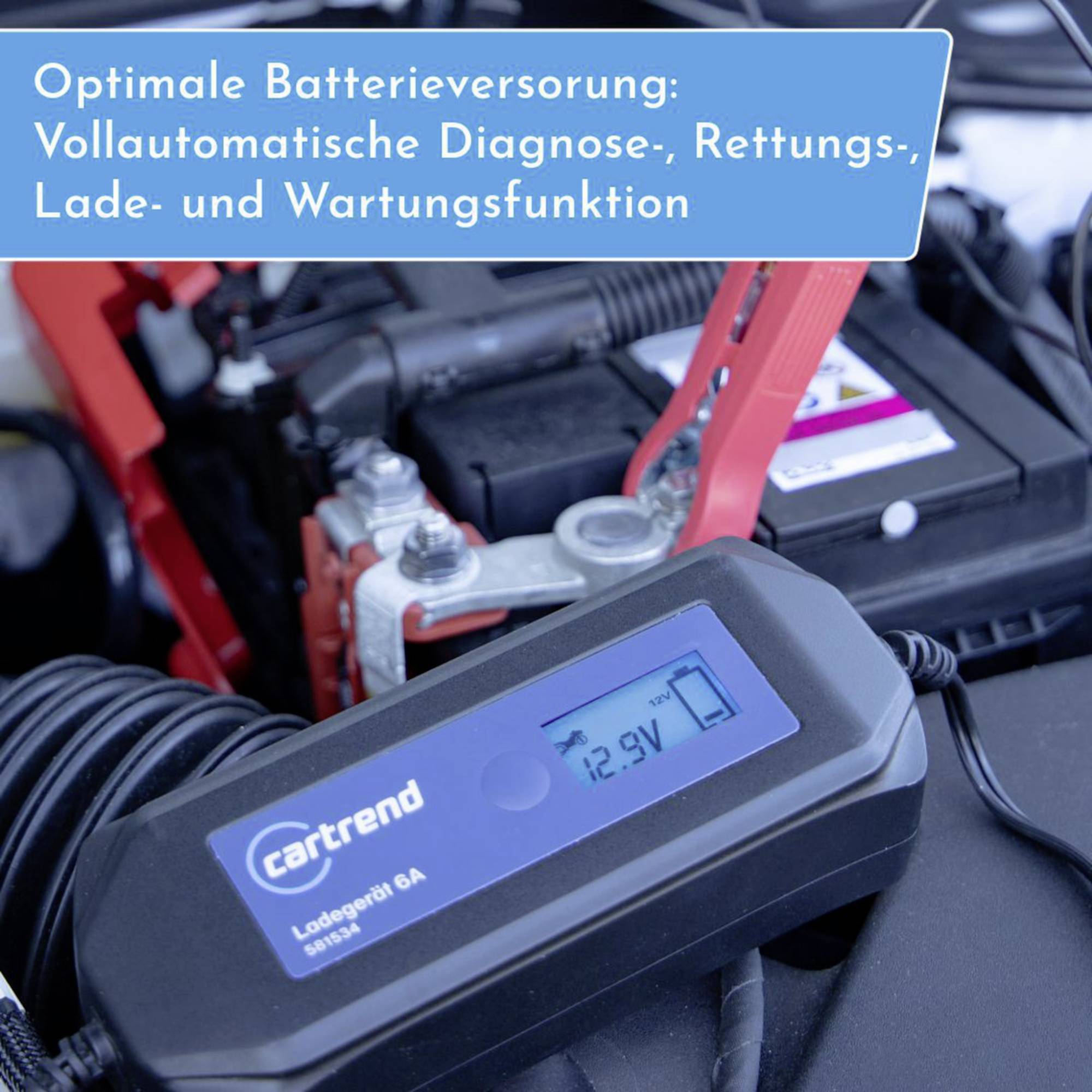 Optimálne napájanie batérie: Plne automatická diagnostika, funkcia záchrany, nabíjania a údržby<br><br>Nabíjačka batérie ukazuje '12.9V' pripojená k autobatérii.