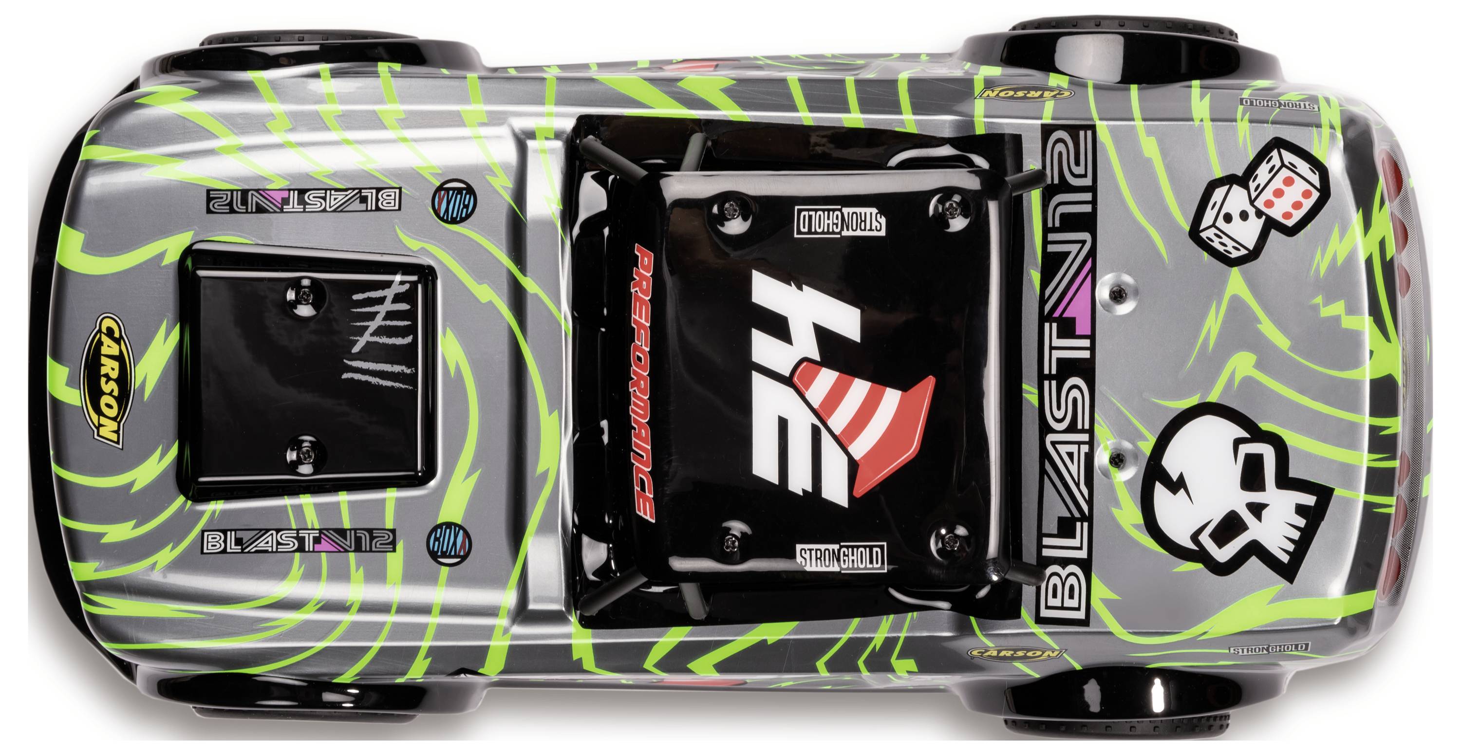 Hračkárske auto z pohľadu zhora s nápadným graffiti dizajnom v odtieňoch sivej, zelenej a červenej. Na povrchu sú viditeľné logá a dekorácie.