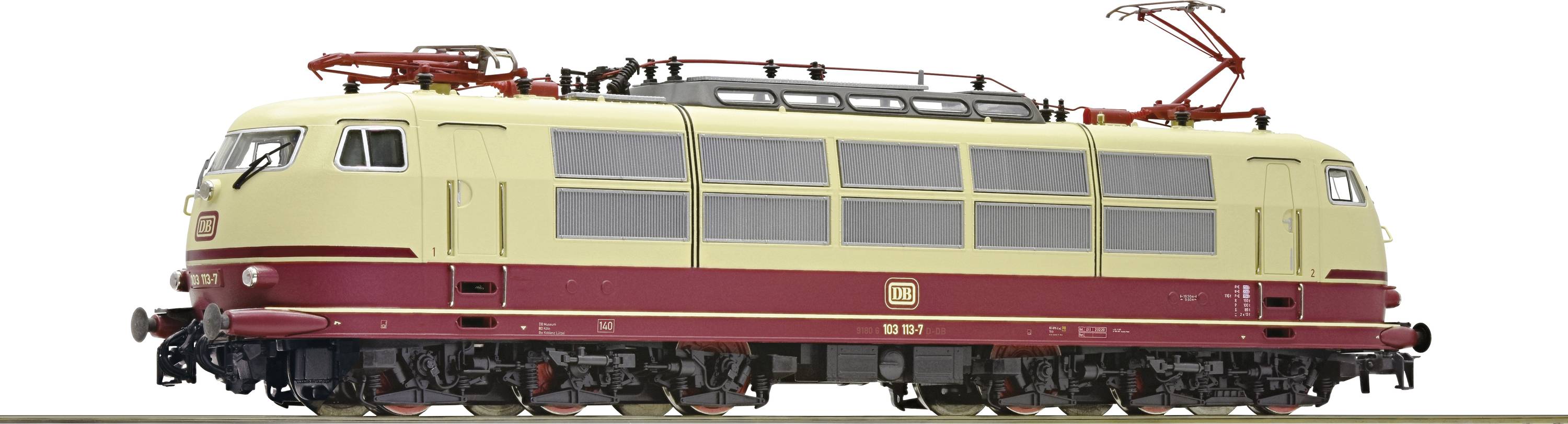 Lokomotíva Deutsche Bahn v béžovo-červenej farbe v modelovej mierke, pohľad zboku. Zachytáva charakteristické detaily a trakčné vedenie.