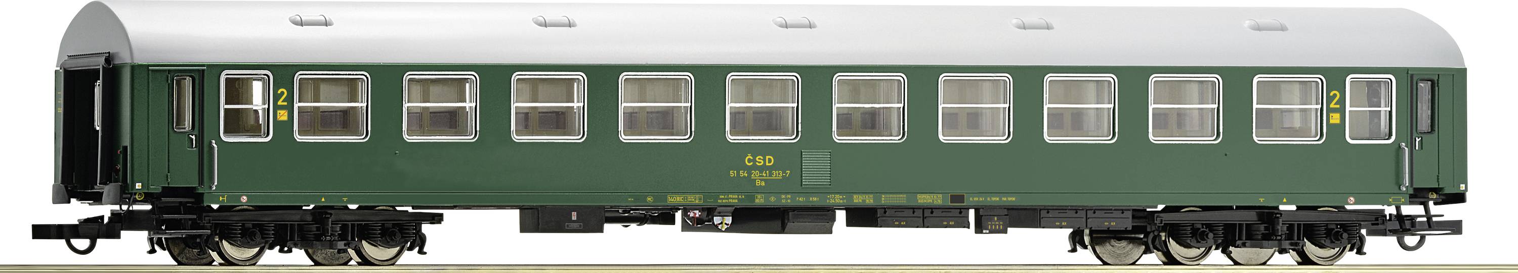 Zelený modelový osobný železničný vozeň so striebornou strechou a detailnými oknami.