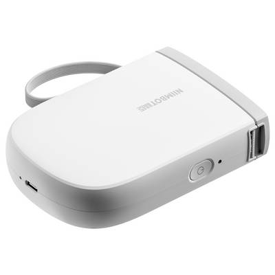 Prenosná, biela mini tlačiareň s jedným tlačidlom a USB portom, vhodná pre mobilné tlačenie.