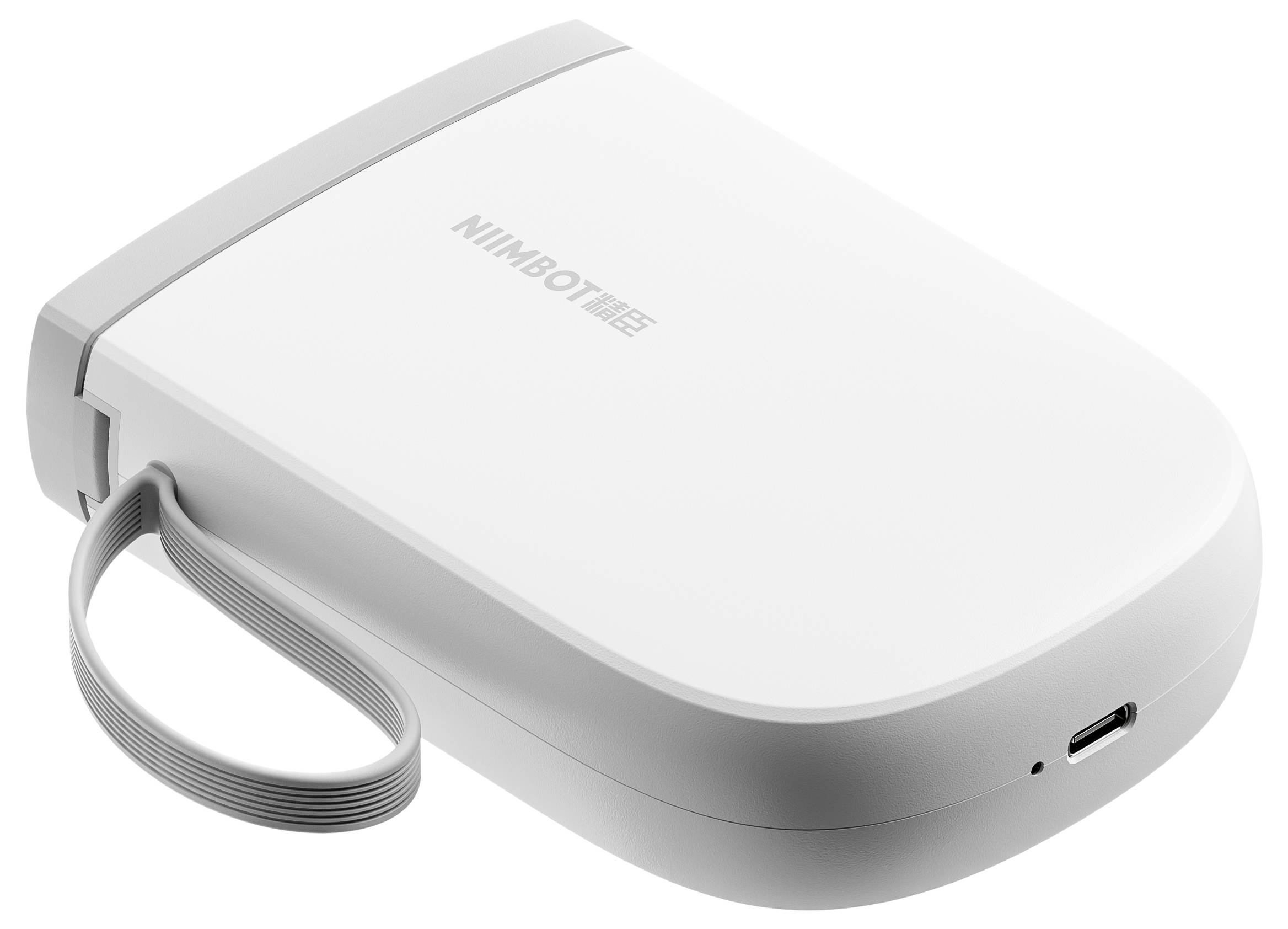Prenosná tlačiareň štítkov v bielej farbe s USB pripojením a slučkou na boku pre pohodlné prenášanie.