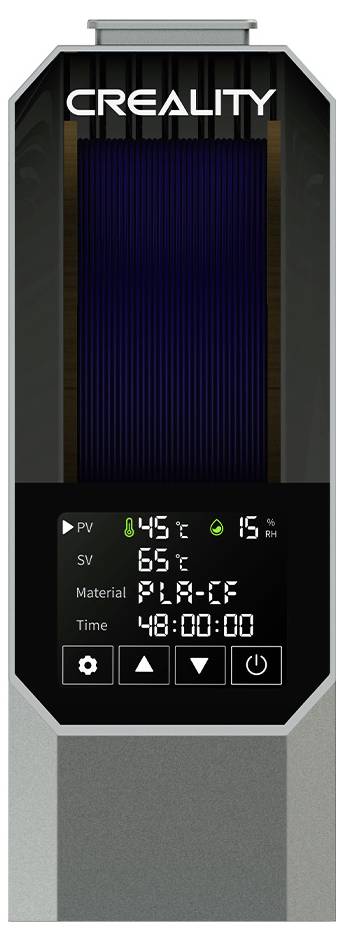 3D tlačiarenský monitor s displejom: 'PV: 45°C, SV: 65°C, Materiál: PLA-CE, Čas: 48:00:00'. Názov značky hore.