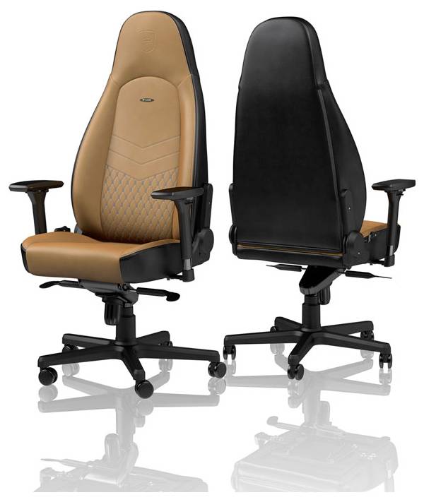 Dva ergonomické kancelárske stoličky, jedna zobrazuje prednú stranu s hnedým čalúnením, druhá zadnú stranu v čiernej farbe. Nastaviteľné opierky rúk.