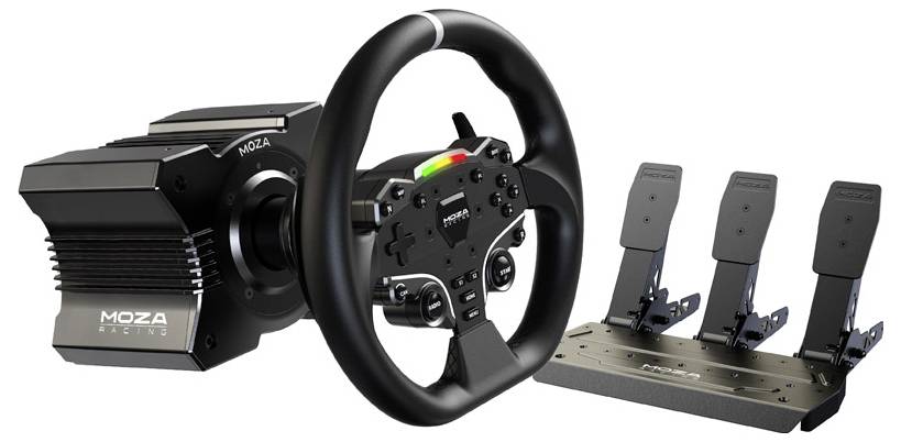 Volant a pedále pre racing simuláciu, čierne, s tlačidlami a LED diódami, vedľa robustného kovového krytu.