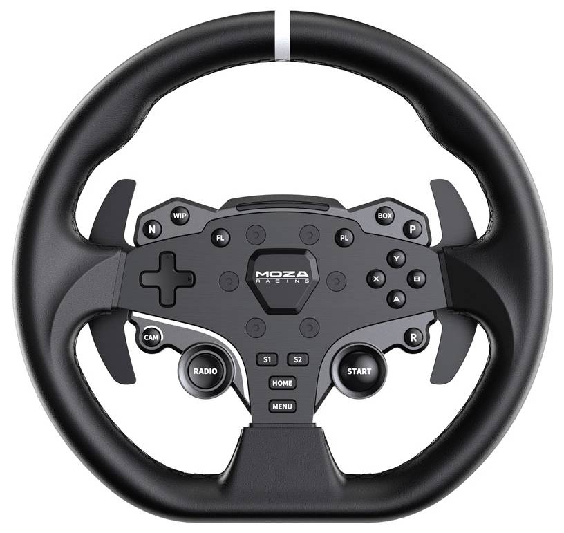 Čierne herné volanté so špeciálnymi funkčnými tlačidlami a centrálnym logom 'MOZA Racing', určené pre pretekárske hry.