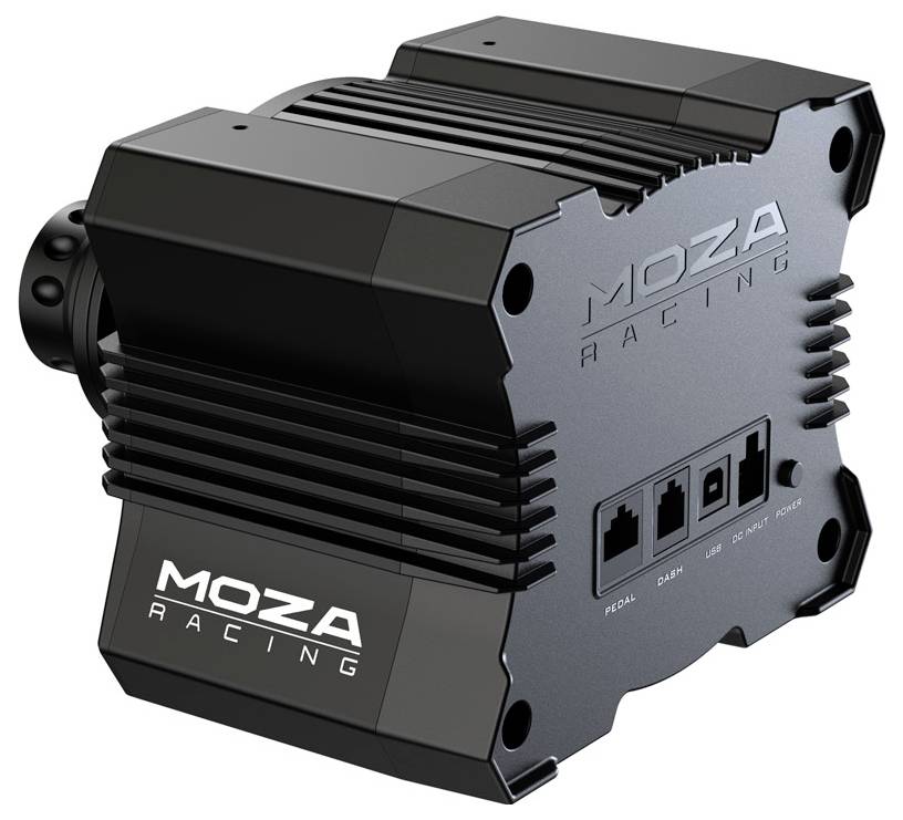 Sim-racing volant s pohonnou jednotkou od MOZA Racing s konektormi pre pedále, palubný displej, USB a napájanie na zadnej strane.