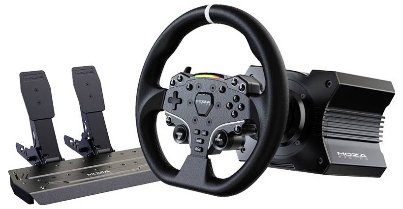 Sada volantu s pedálmi pre racing simulácie, pozostávajúca z čierneho volantu s tlačidlami a dvoma čiernymi pedálmi.