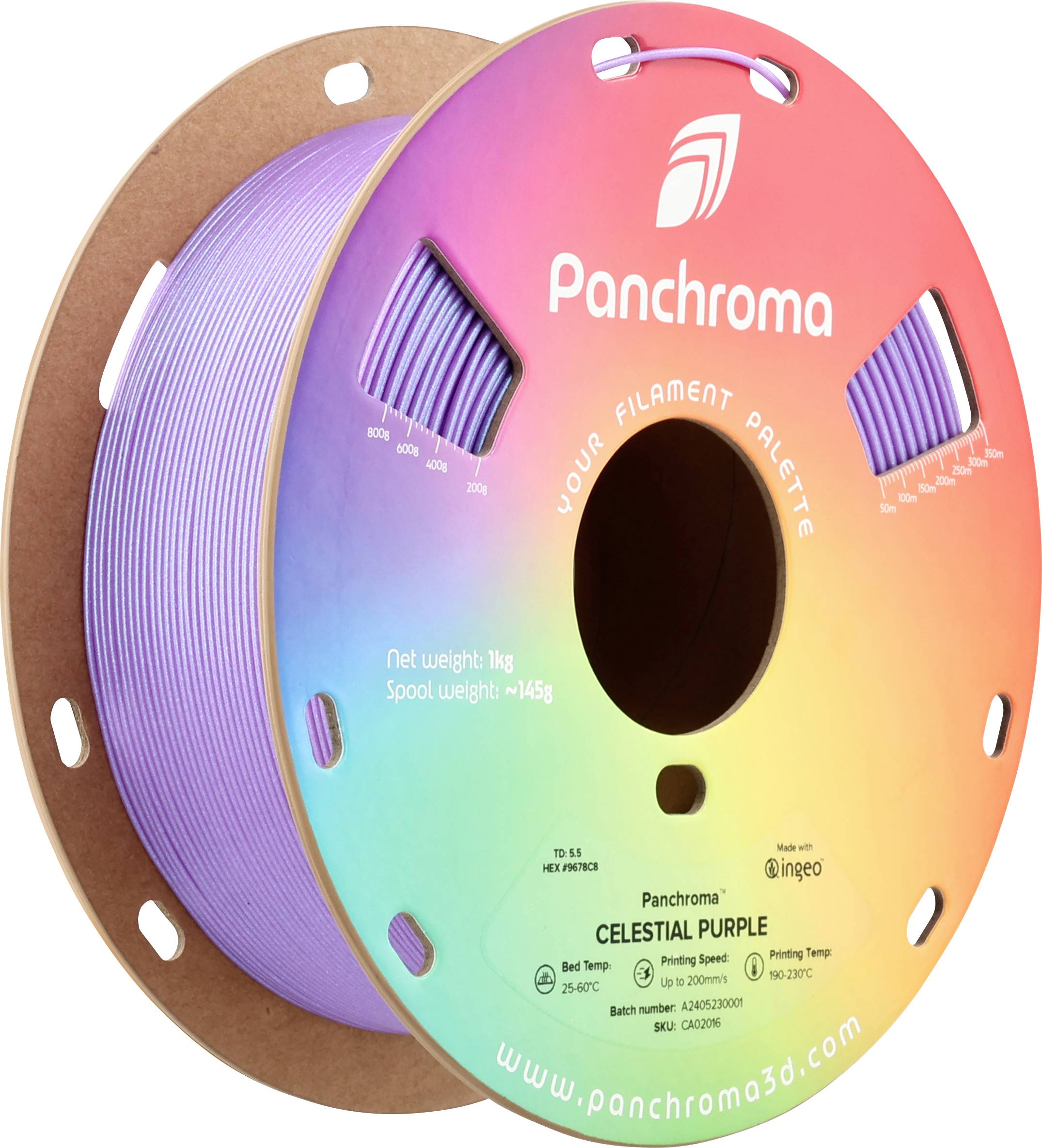 Panchroma 3D tlačové filament vo fialovej farbe na cievke. Etiketa zobrazuje 'Celestial Purple', hmotnosť 1 kg a teploty tlače.