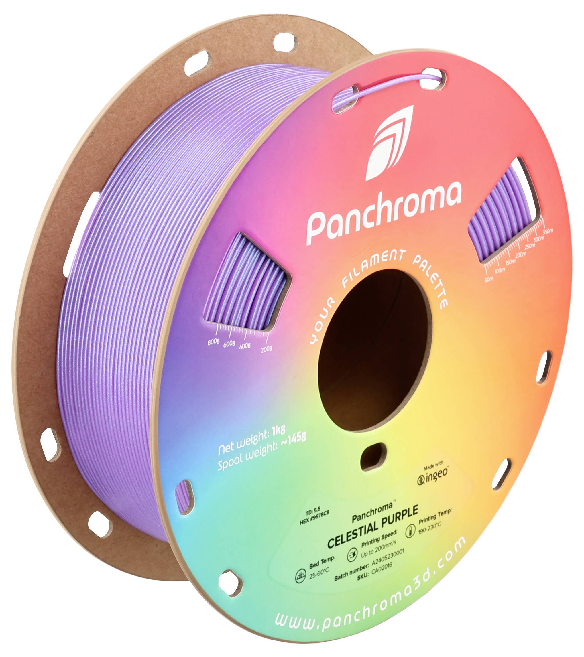 Kotúč fialového filamentu pre 3D tlačiareň, označený ako 'Celestial Purple' a 'Panchroma', na okrúhlom kartónovom držiaku.