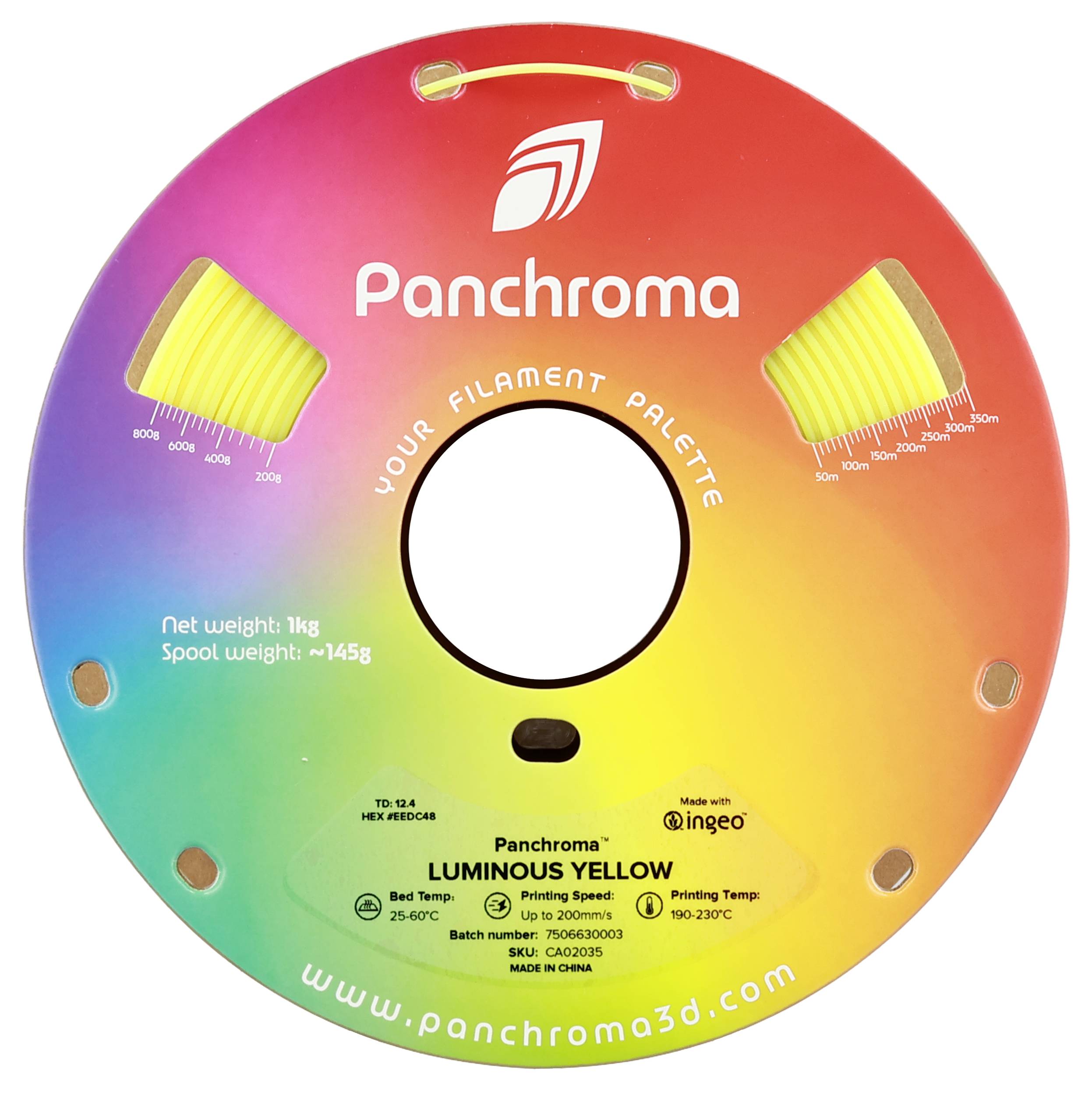 Farebná cievka filamentu od 'Panchroma' pre 3D tlačiarne, nápis: 'Your Filament Palette', údaje o hmotnosti a teplote.