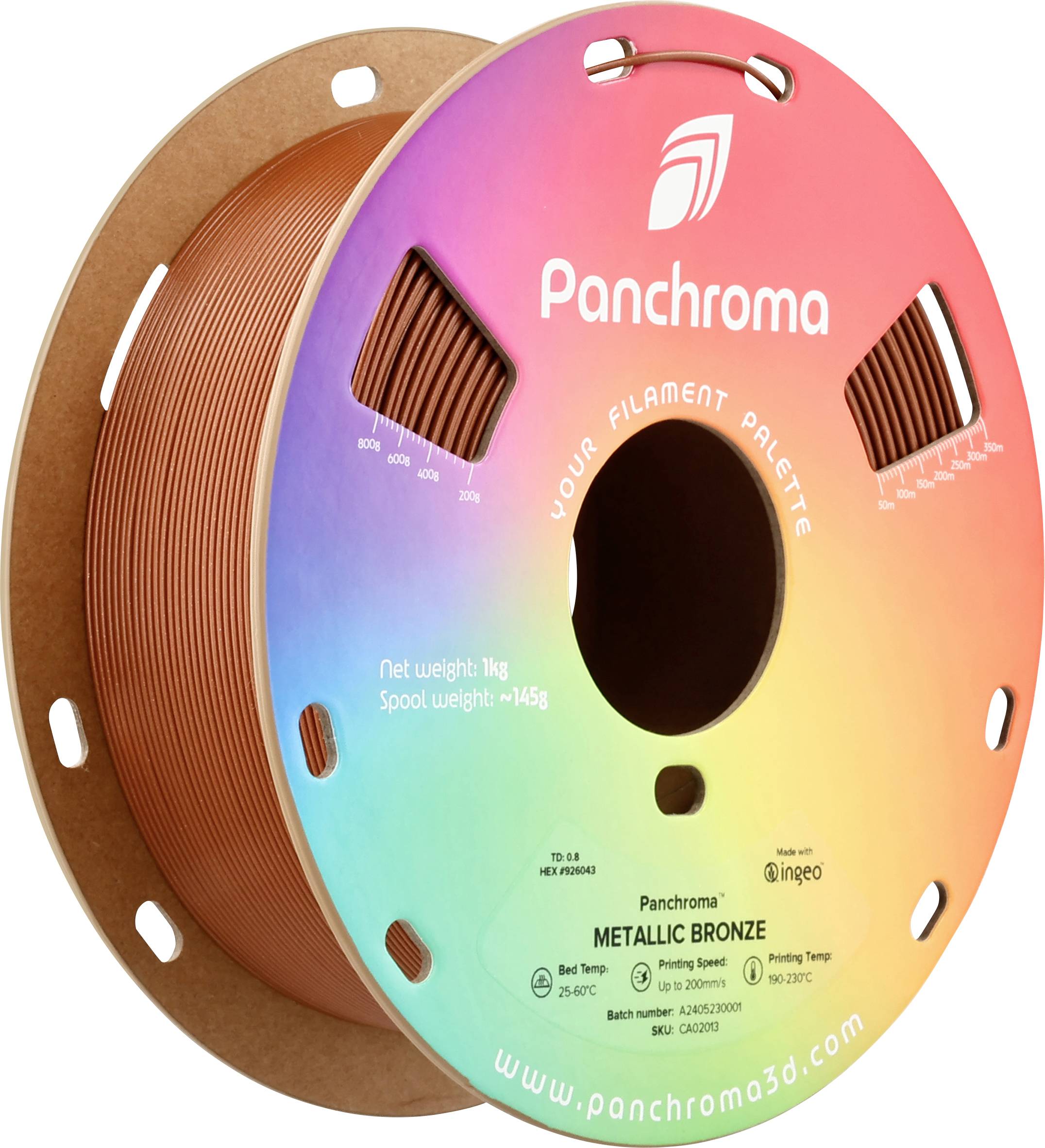 Cievka s bronzovým 3D tlačovým filamentom, značka "Panchroma", na dúhovej farebnej obalke. Čistá hmotnosť: 1 kg.