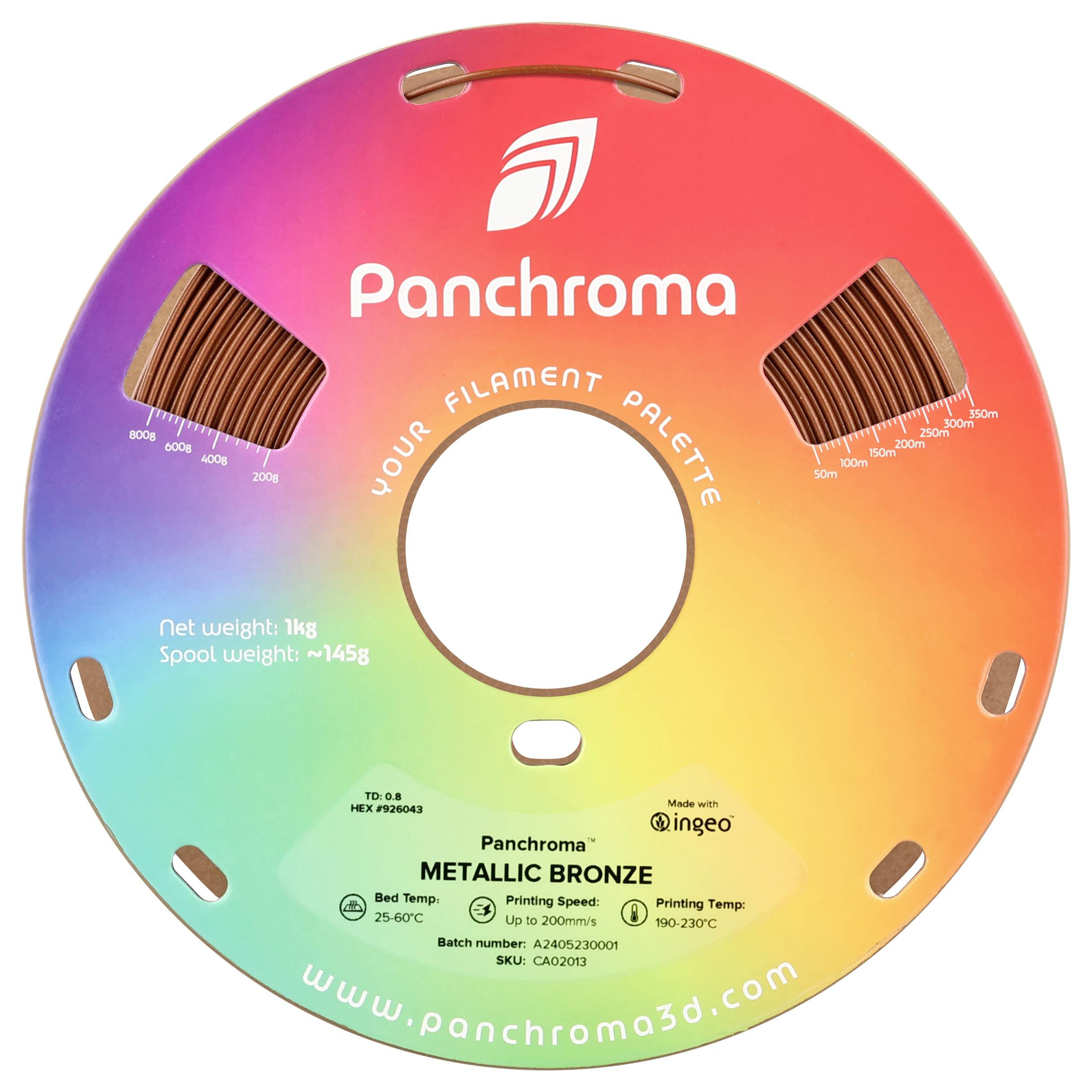'Panchroma, Metallic Bronze Filament', farebný prechodový kotúč so špecifickými informáciami o hmotnosti a tlaku, cievka pre 3D tlačiareň.