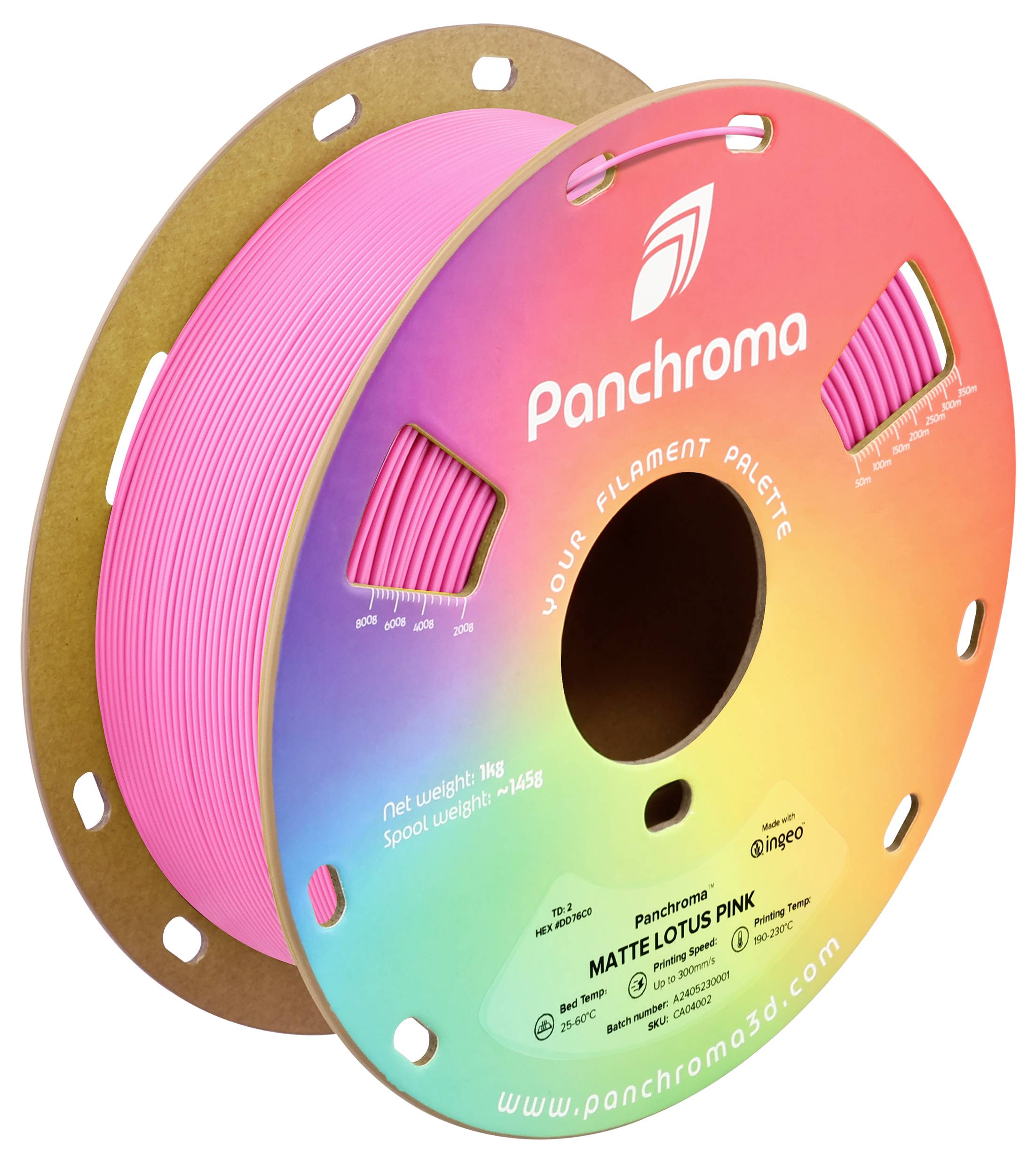 Kotúč 3D tlačového filamentu v farbe "Matte Lotus Pink" od Panchroma, s uvedenou čistou hmotnosťou 1 kg a hmotnosťou cievky 145 g.