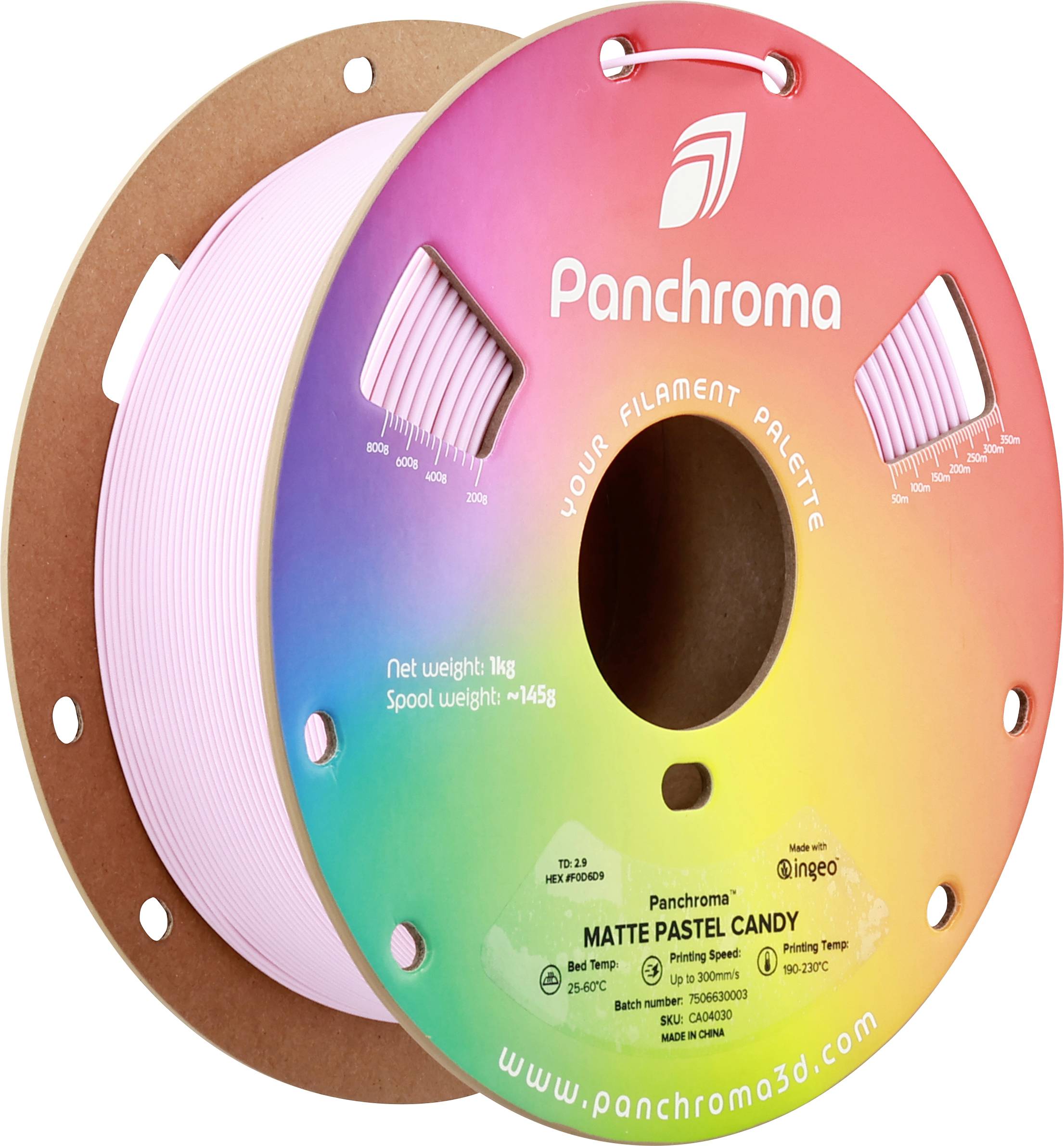 Kotúč 3D tlačového filamentu značky Panchroma, typ "Matte Pastel Candy", s dúhovým štítkom, 1 kg čistej hmotnosti.