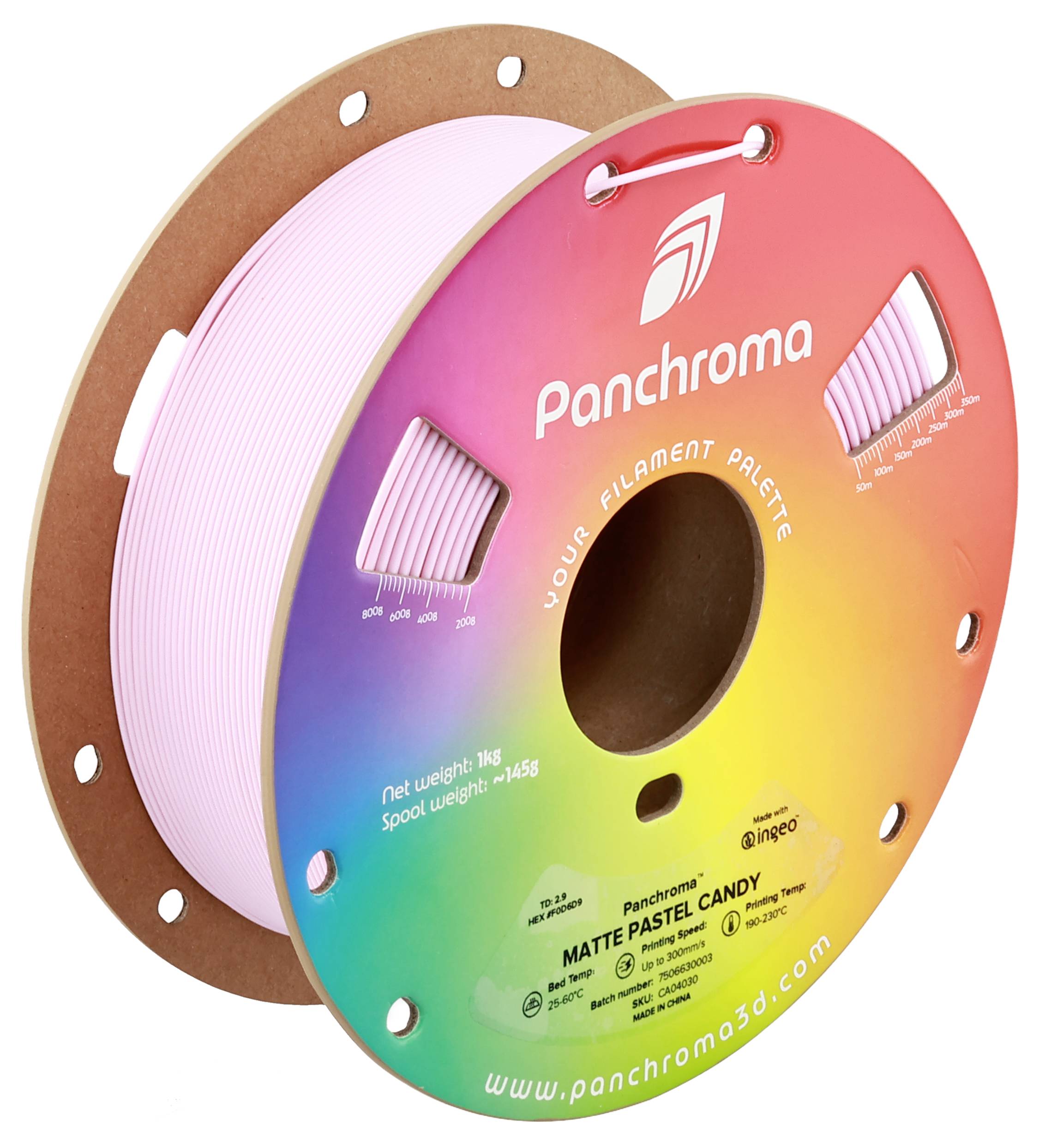 Kotúč s ružovým 3D tlačovým filamentom, označený ako 'Panchroma Matte Pastel Candy'. Balenie zobrazuje dúhový farebný prechod.