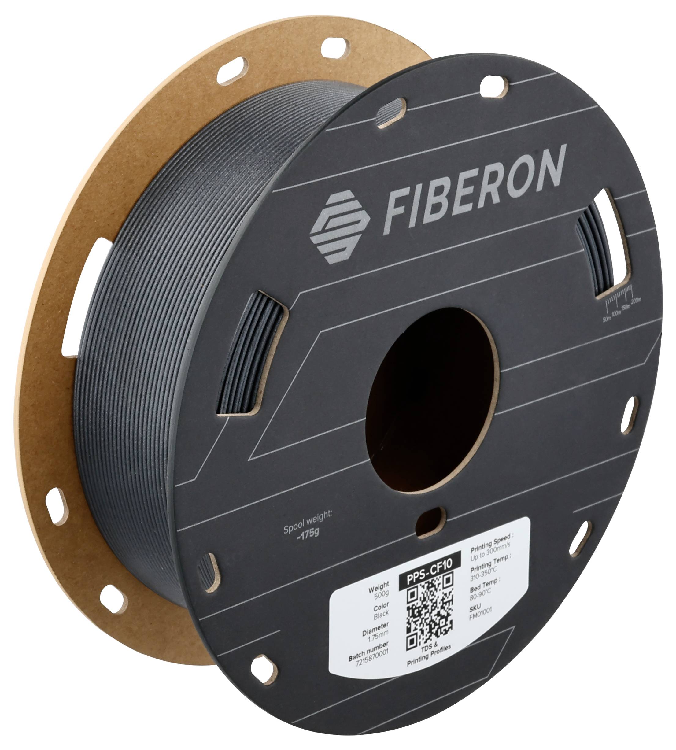 Čierna cievka filamentu s nápisom 'FIBERON', nálepka s QR kódom a technickými informáciami viditeľná vpredu.