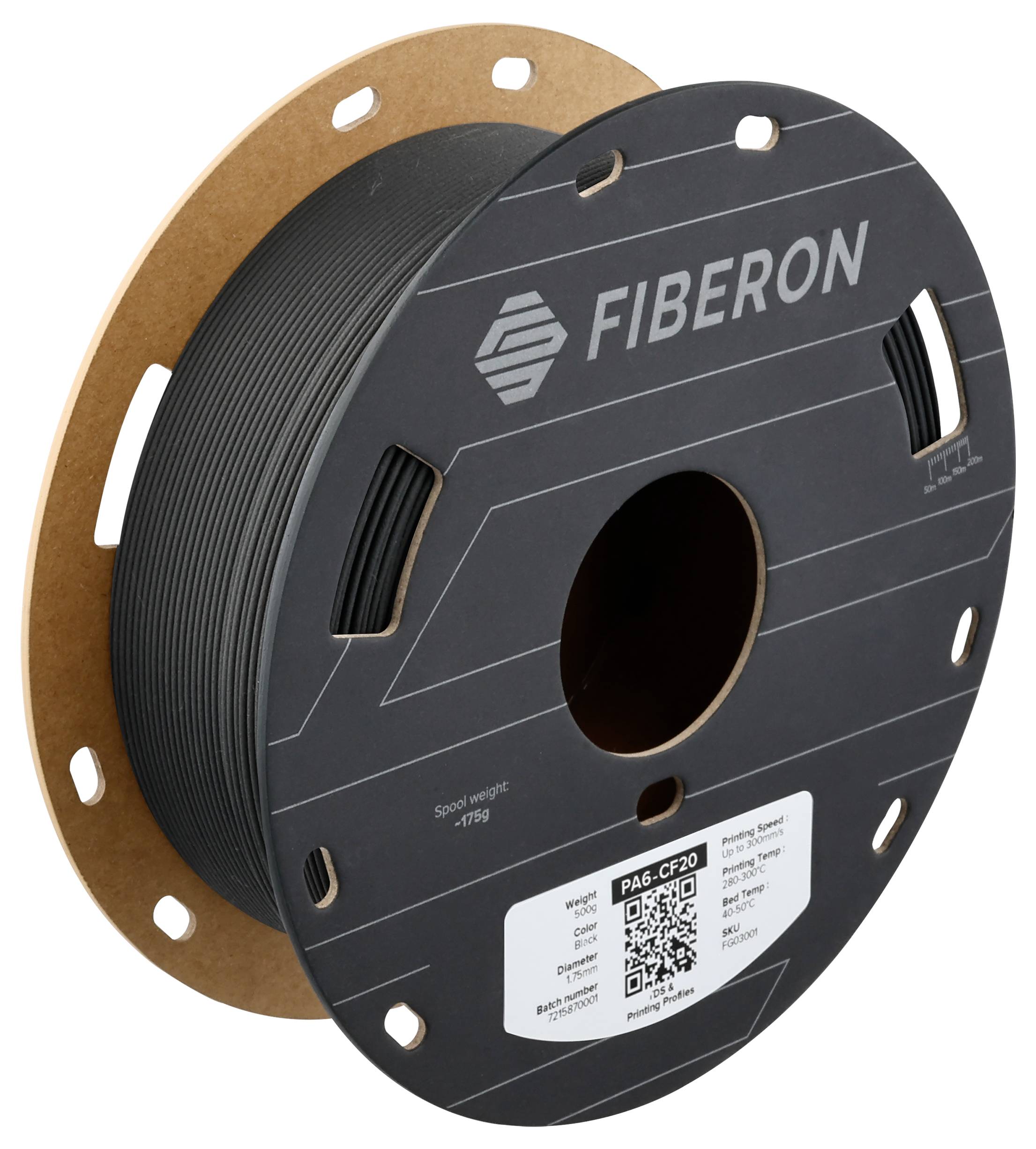 Čierna cievka vlákna od Fiberon s popisom a QR kódom na prednej strane, vhodná pre 3D tlač.