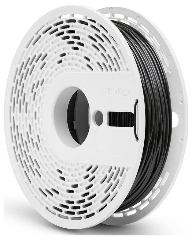 Kotúč z bieleho plastu s čiernym filamentom pre 3D tlačiareň, názov značky 'Fiberlogy' v strede kotúča.