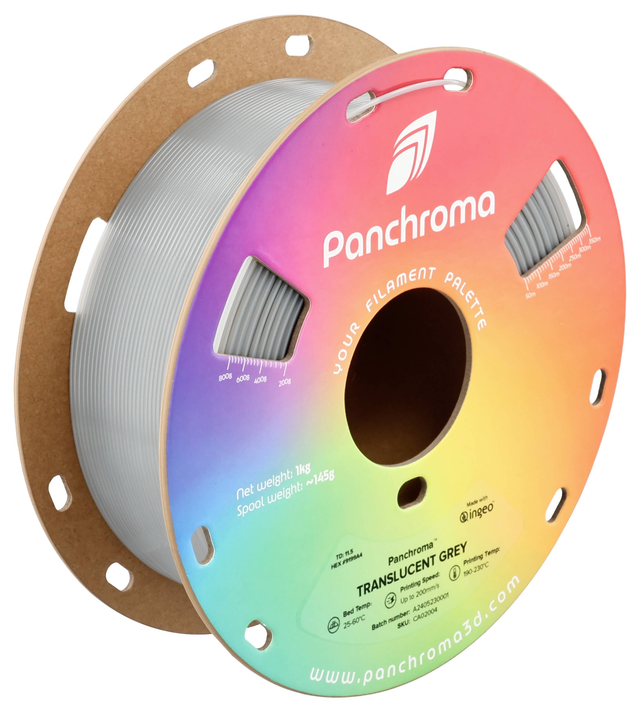 Kotúč sivého 3D tlačového filamentu s nápisom 'Panchroma'. Etiketa zobrazuje údaje o hmotnosti a webovú adresu.