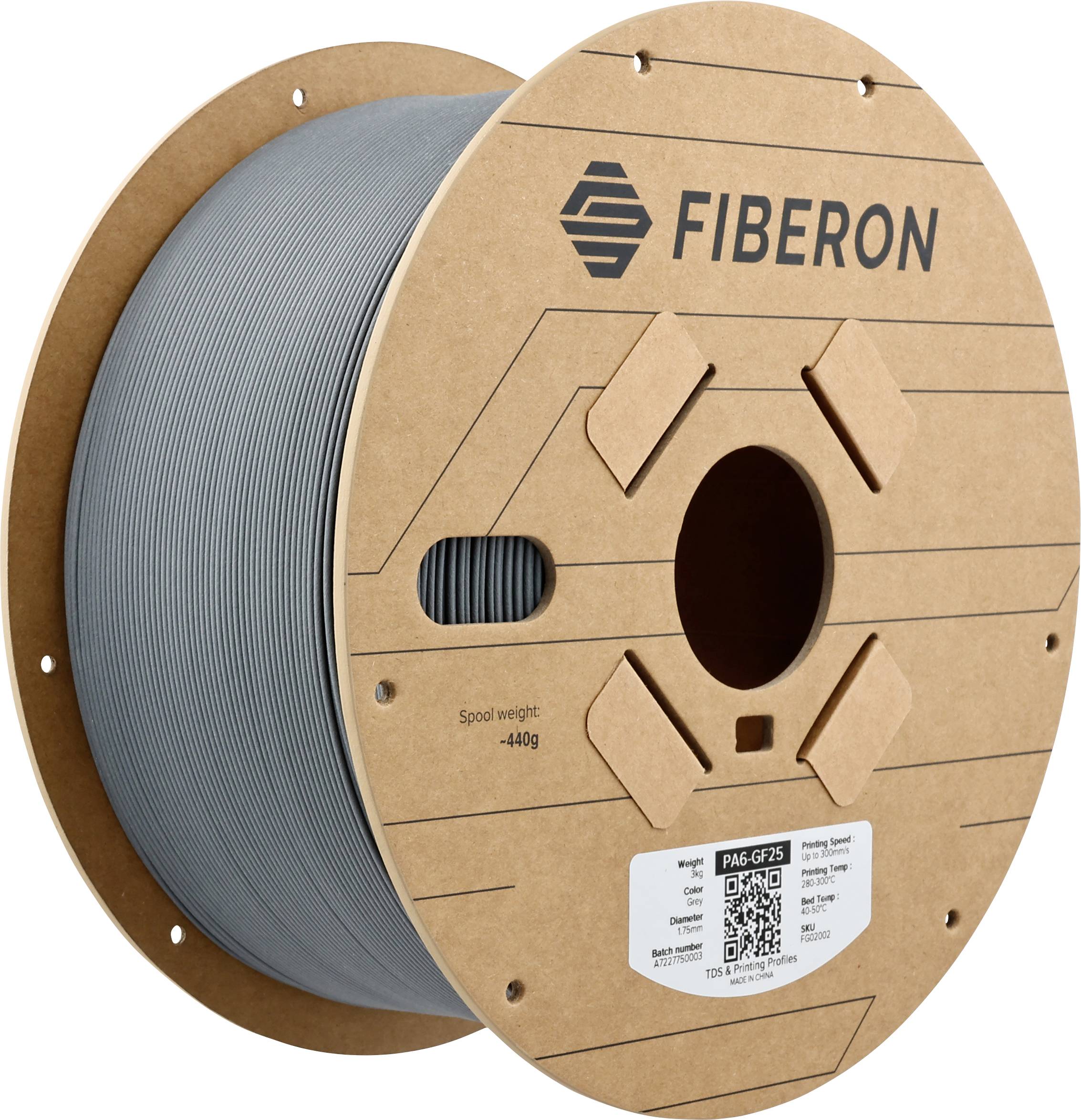 Kotúč sivého 3D tlačového filamentu značky Fiberon. Cievka zobrazuje logo značky a údaje o hmotnosti: 400g.