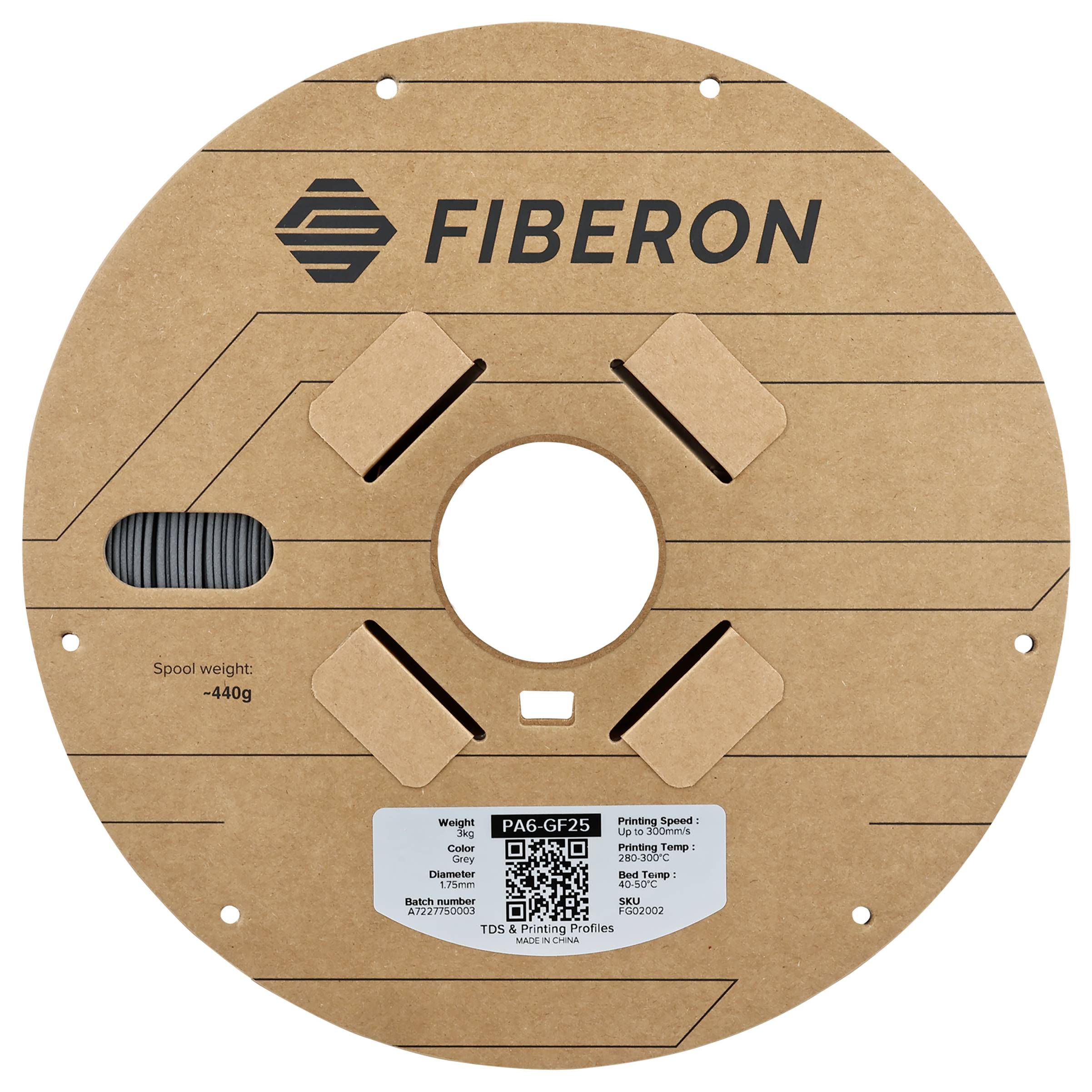 Cievka značky 'FIBERON', hmotnosť 440g. Centrálny otvor na montáž. QR kód a technické špecifikácie na spodnej strane.