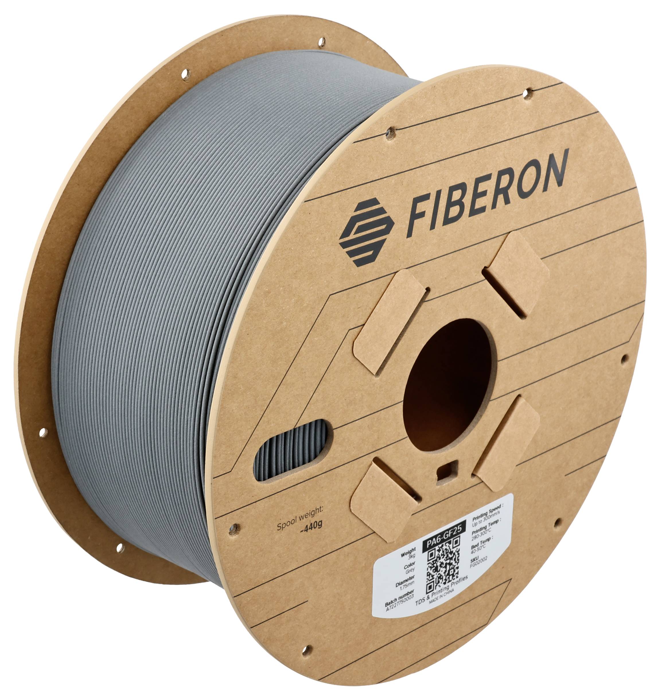 Veľká cievka so sivým filamentom, označená 'FIBERON'. Vhodná na 3D tlač, váži 400g. Obsahuje QR kód pre ďalšie informácie.