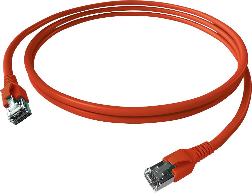 Červený ethernetový kábel s RJ-45 konektormi na oboch koncoch, vhodný pre sieťové pripojenia a prenos dát.