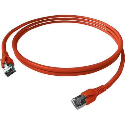 Červený sieťový kábel s dvoma RJ45 konektormi na oboch koncoch, používaný na internetové alebo sieťové pripojenia.