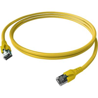 Žltý ethernetový kábel s konektormi na oboch koncoch, položený v miernej slučke.