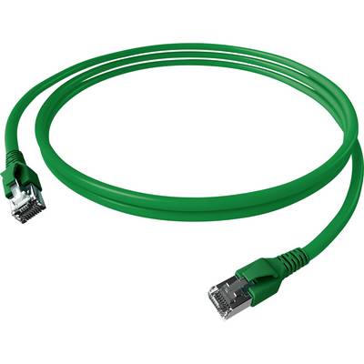 Zelený ethernetový kábel s RJ45 konektormi na oboch koncoch, používaný na sieťové pripojenie.