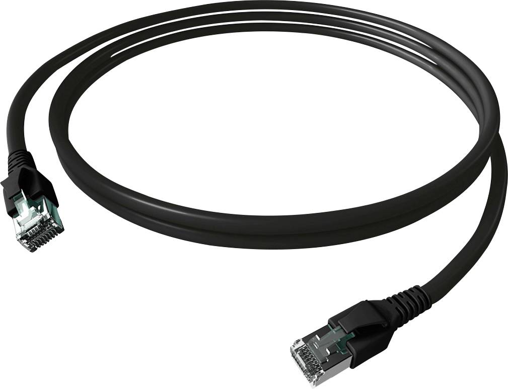 Čierny ethernetový kábel s dvoma RJ-45 konektormi položený na bielom povrchu.