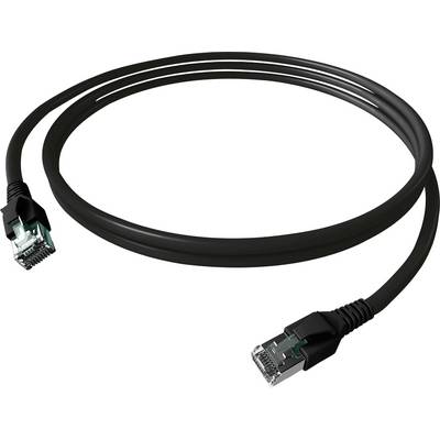 Čierny ethernetový kábel s dvoma RJ-45 konektormi položený na bielom povrchu.