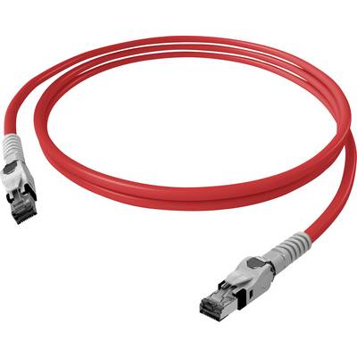 Červený ethernetový kábel s dvoma RJ-45 konektormi na koncoch, vhodný pre sieťové pripojenia.